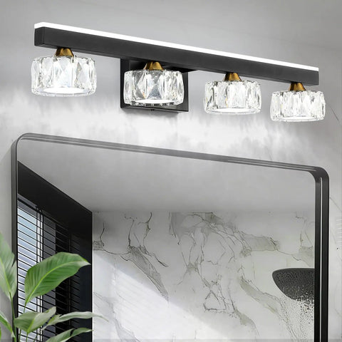 Three Light Crystal Bathroom Vanity Light Fixture Black Modern LED Wall Light 6000K Cool White Bath Light Over Mirror For Home And Master Bathrooms Looks Lit And Fresh