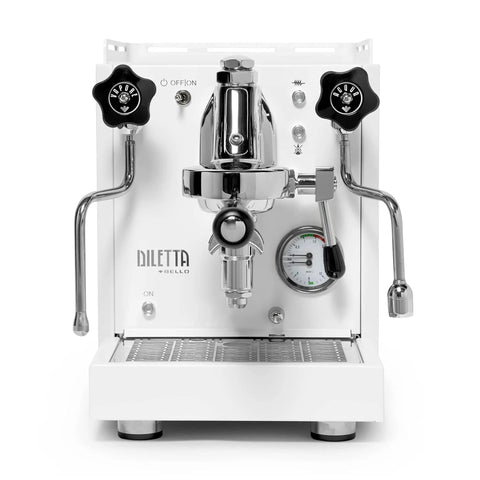 Next Level Home Bar Essentials Italian Handcrafted Espresso Machine With Heat Exchanger And E61 Manual Controls Badass Stainless Steel Chassis Three Liter Tank Fresh White Finish front view with controls and pressure gauge