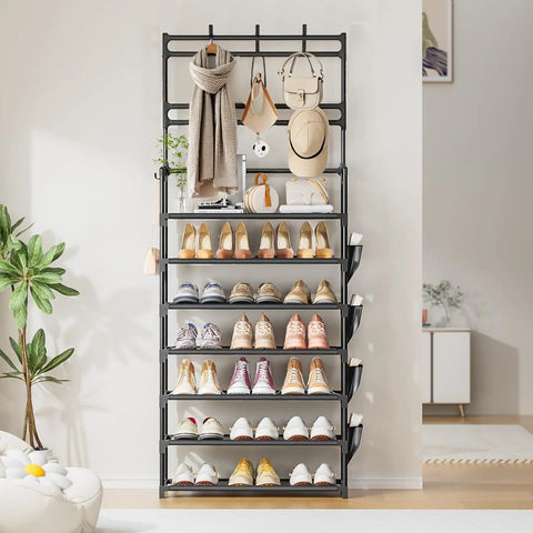 7 Tier Shoe Organizer With Hooks And Side Pocket Freestanding Shoe Rack For Front Door Entryway Holds 21 To 28 Pairs