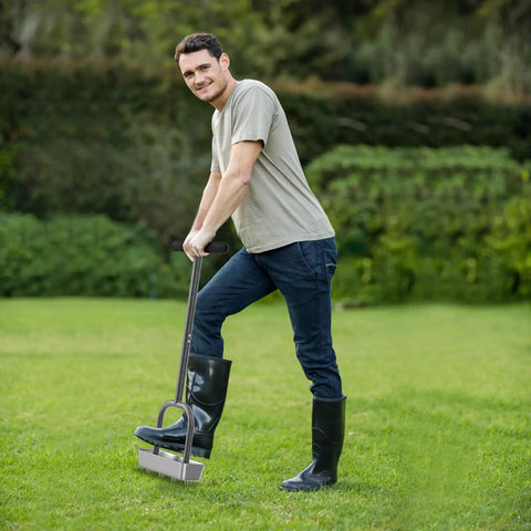 Person using Manual Lawn Aerator With Four Stainless Steel Core Plugs And Soil Core Storage Tray Preassembled Grass Aeration Tool