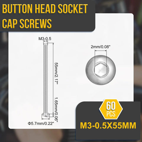 Heavy Duty M3 Button Head Socket Cap Screws 60 Pack Coarse Thread 55mm Long 304 Stainless Steel Whitewash dimensions and details