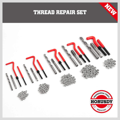 Workhorse Helicoil Thread Repair Kit 131 Piece Set With HSS Drills Inserts Taps And Tools For M5 M6 M8 M10 M12 displayed