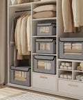 Durable Fabric Storage Baskets With Lids And Handles, Clear Front Window For Easy Visibility, 13 By 9.1 By 7.9 Inch Grab And Go Space Saving Closet Organizers, Gray, 3 Pack For Shelves, Bedroom And Office displayed in a closet setup.