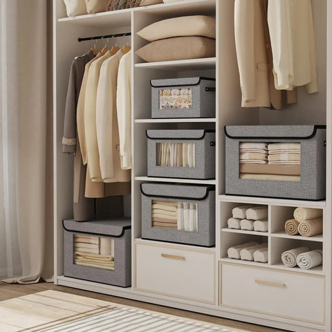 Durable Fabric Storage Baskets With Lids And Handles, Clear Front Window For Easy Visibility, 13 By 9.1 By 7.9 Inch Grab And Go Space Saving Closet Organizers, Gray, 3 Pack For Shelves, Bedroom And Office displayed in a closet setup.