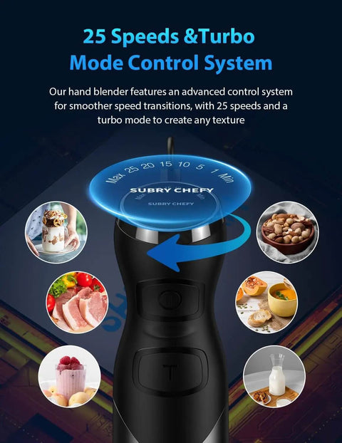 1000W Corded Handheld Immersion Blender With Twenty Five Speed Settings And Stainless Steel Blades showing speed control dial and food images.