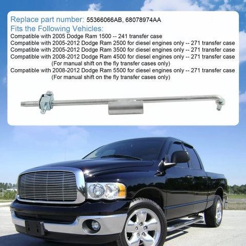 Transfer Case Shifter Linkage And Bushing Kit For Dodge Ram With Manual Shift 241 And 271 Transfer Cases 2005 2012 2500 3500 Diesel Models Includes 55366066AB And 68078974AA Components, silver linkage with Dodge Ram truck fitment.