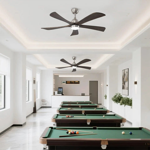 Neojoyoenix 52" 5PCS Solid Wood Blades Ceiling Fan with Lights Remote Control in a modern pool hall setting.