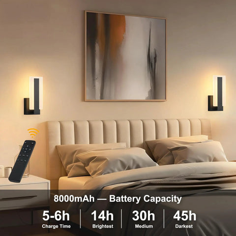 Rechargeable Wireless Wall Sconces Two Pack With Remote, Battery Operated Modern Wall Lights above bed in bedroom