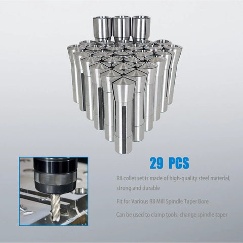 R8 Collet Set 31/32 to 1 Inch Fits R8 Mill Spindle Taper Bore With 0.0006 TIR 29 Pack Beefy Steel Tool Clamping Kit displayed