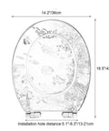 Heavy Duty Elongated Resin Toilet Seat With Slow Close Silent Shutoff And No Sweat Quick Release Hinges Light Blue Dried Flower Pattern from above, showing dimensions and ocean design.