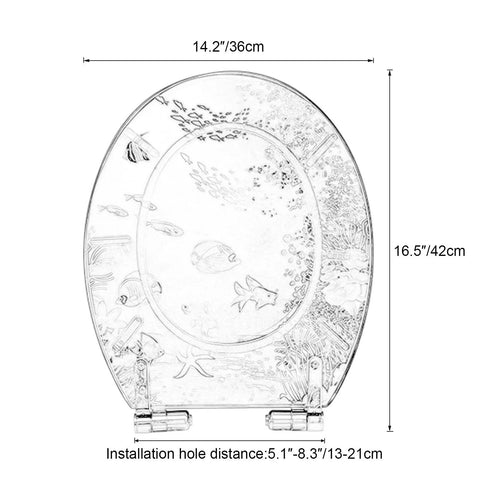 Heavy Duty Elongated Resin Toilet Seat With Slow Close Silent Shutoff And No Sweat Quick Release Hinges Light Blue Dried Flower Pattern from above, showing dimensions and ocean design.