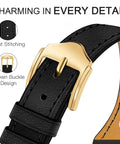 Premium Slim Genuine Leather Apple Watch Band With Chic Bee Charms Easy Snap Fit showing crown buckle and neat stitching.