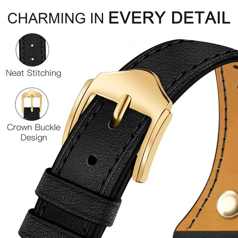 Premium Slim Genuine Leather Apple Watch Band With Chic Bee Charms Easy Snap Fit showing crown buckle and neat stitching.