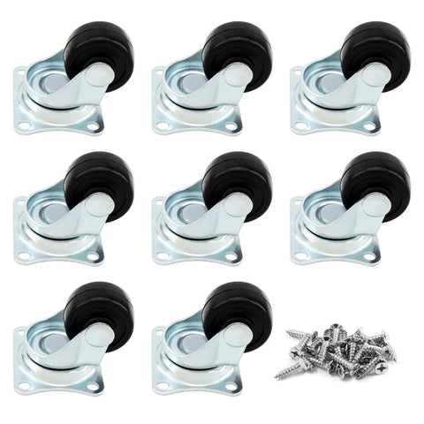 Low Profile 1 Inch Caster Wheels Set 8 Pcs Heavy Duty Rubber Swivel Casters With Bearings And Top Plate 22 Lbs Per Wheel Capacity 360 Degree Swivel For Furniture And Appliances Screws Included visible in image.