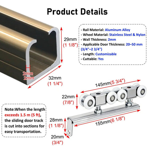 Heavy Duty Aluminum Sliding Door Hardware Kit With Smooth Eight Wheel Rollers For Waterproof Barn Doors Adjustable Cuttable Track dimensions and materials