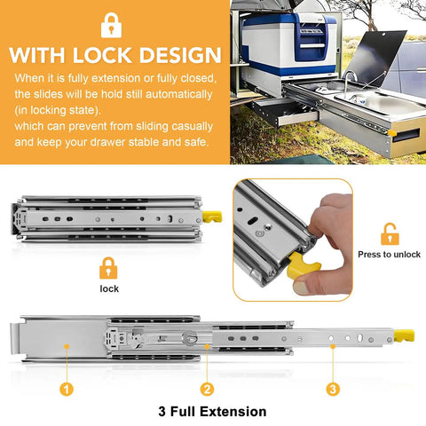 72 Inch Beefy Heavy Duty Drawer Slides 500 Lbs Side Mount Locking Full Extension Ball Bearing Glides installed in RV kitchen