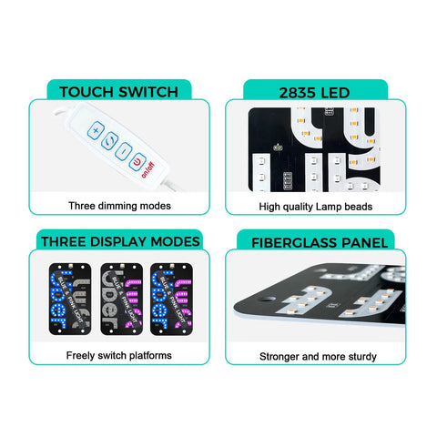 Close-up of Dual Color Blue And Pink LED Car Light Sign features: touch switch, 2835 LED, three display modes, fiberglass panel.