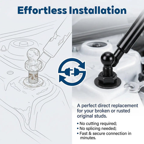Four Pack 10mm Ball Studs With M8 Screws And Half Inch Long Shanks For Gas Struts Lift Supports Beefy Heavy Duty Mounting Kit In Black Zinc Alloy Universal Fit For Tight Spaces And Various Mounting Surfaces With Corrosion Resistant Finish, installed on gas strut