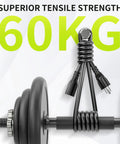 Heavy Duty 16 Gauge 6 Ft Indoor Extension Cord with 3 Prong NEMA 5-15P to 5-15R coiled around dumbbells, 60kg tensile strength