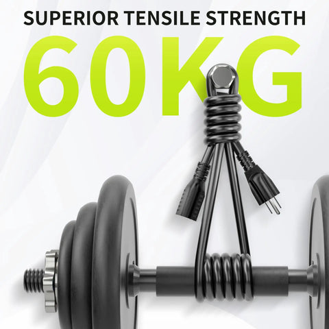 Heavy Duty 16 Gauge 6 Ft Indoor Extension Cord with 3 Prong NEMA 5-15P to 5-15R coiled around dumbbells, 60kg tensile strength