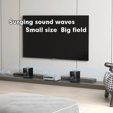 Dual Mode Two Point Zero Studio Monitors for Near Field Music Production on shelf with TV setup, illustrating sound waves.
