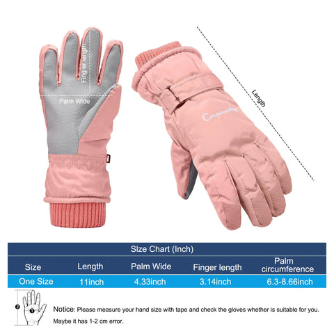 Winter Women Ski Gloves Waterproof And Windproof With Touchscreen Compatibility Pink For Snowboarding Hiking And Cycling Warm Dry Comfortable Snow Gear For Cold Weather size chart displayed