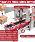 Heavy Duty Plug And Play Automatic Case Sealing Machine And Dual Flap Box Tagger With Smooth Conveyor Belt, showing height and width adjustments.
