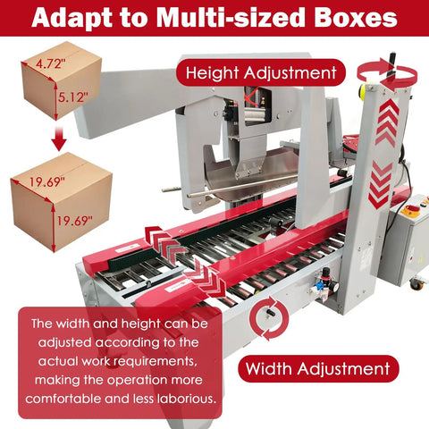 Heavy Duty Plug And Play Automatic Case Sealing Machine And Dual Flap Box Tagger With Smooth Conveyor Belt, showing height and width adjustments.