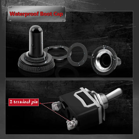 Rugged 8 Pack SPST Toggle Switches 2 Pin 20A 125V AC And 15A 250V AC On Off with waterproof boot cap and terminals shown