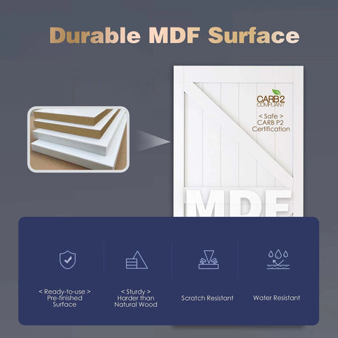 Durable MDF surface of 42 Inch By 84 Inch Five Panel Sliding Barn Door With Tempered Frosted Glass, prefinished, water-resistant.