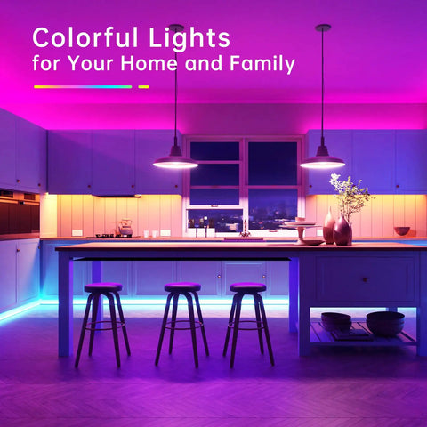 Modern kitchen with 100 Ft RGB LED Strip Lights With 44 Key Remote Multi Color Color Changing LED Tape illuminating cabinets and ceiling