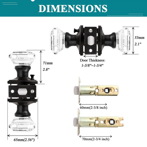 Octagon Crystal Door Knob Set For Privacy In Oil Rubbed Bronze Finish dimensions with latch measurements and glass knob details