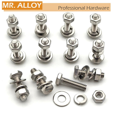 MR. ALLOY 1/4-20 stainless steel hex bolts with nuts, flat washers and lock washers kit (12 sets)