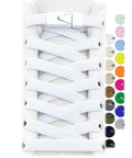 Elastic No Tie Sneaker Laces White 120 Cm Set Includes 2 Pairs Of Flat Stretch Laces And 4 Reusable Metal Buckles For Grab And Go Slip On Comfort Durable Fit. White elastic no-tie sneaker laces with metal buckle on shoe.