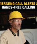 Man wearing Rugged 2In1 Neckband Bluetooth Headphones With Built In Speakers For Worksites And Outdoors, yellow hard hat, safety glasses.