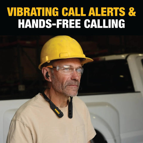 Man wearing Rugged 2In1 Neckband Bluetooth Headphones With Built In Speakers For Worksites And Outdoors, yellow hard hat, safety glasses.