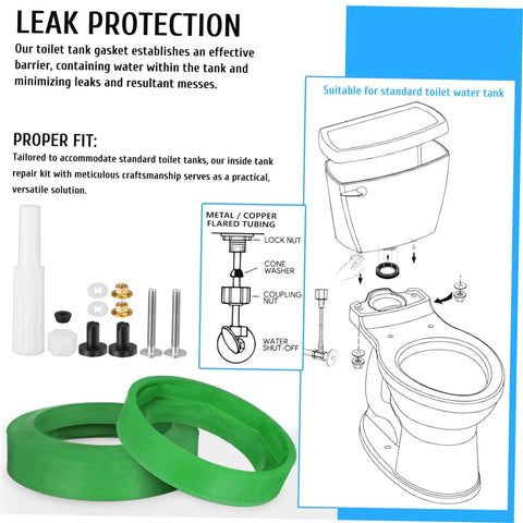 Super Quick Fix For Leaky Toilets: Heavy Duty Tank Gasket And Bolt Kit With Flexible Seal, Easy Install Repair Parts For Standard Bowl Coupling That Truly Seals The Deal Like A Boss. green rubber toilet tank gasket kit with bolts and washers for standard bowl repair