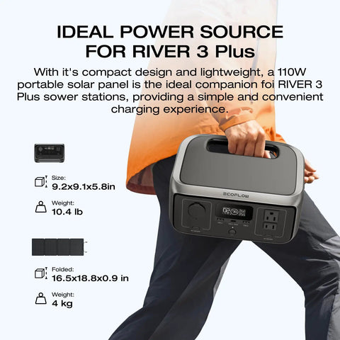 Person carrying RIVER 3 Plus Solar Generator with 110W Panel 286Wh LiFePO4 Battery 600W Continuous Power Surging to 1200W X Boost