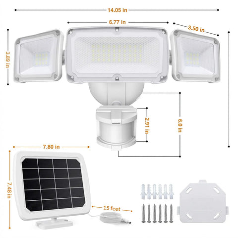 Solar Powered Motion Sensor Outdoor Light With 1600 Lumen White Flood Beams IP65, three adjustable heads, solar panel, and mounting kit