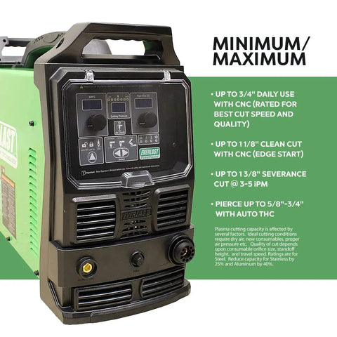 CNC Plasma Cutter With Blowback Start For Beast Mode Cutting, 100 Amp Output, close-up view of control panel and specifications.
