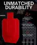 Half Size Self Healing Silhouette Reactive Shooting Target for Indoor and Outdoor Practice Pistol and Rifle Training with Durable Self Healing Polymer Reforms After Every Shot and Warm Finish. Red polymer target on black background.