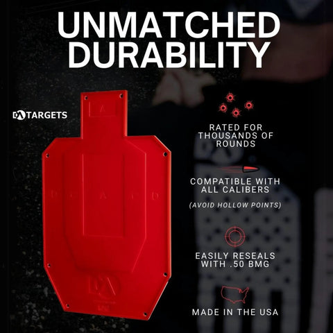 Half Size Self Healing Silhouette Reactive Shooting Target for Indoor and Outdoor Practice Pistol and Rifle Training with Durable Self Healing Polymer Reforms After Every Shot and Warm Finish. Red polymer target on black background.