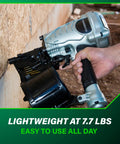 Hand holding Coil Framing Nailer For One And Three Quarters To Three And One Half Inches Pro Preferred Pneumatic Framing Tool