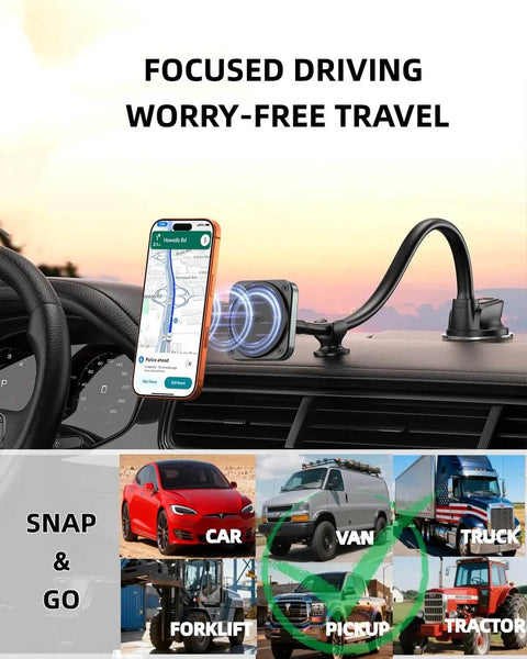 MagSafe Car Phone Mount With 14 Inch Gooseneck Long Arm Extension, installed on car dashboard for map navigation.