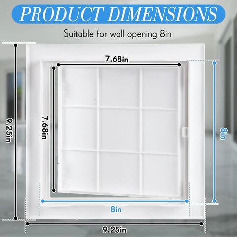 Product dimensions for 2 Pack 8 By 8 Inch White Pvc Plumbing Access Panel For Drywall with hinged door, showing measurements.