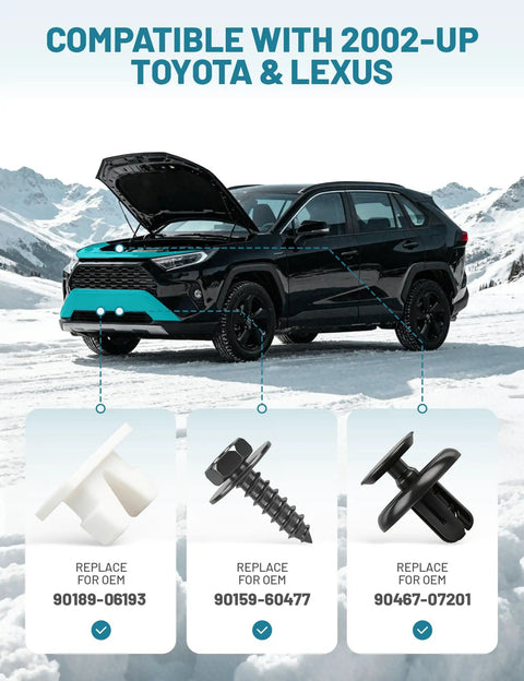 Premium 101 Piece Engine Undercover And Fender Retainer Clip Kit With Fastener Puller For Toyota Lexus displayed with vehicle.