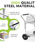 Close-up of the Solid Chrome Plated Rolling Mail Cart with Heavy Duty Smooth Gliding Wheels, showcasing durable metal construction and push handle.