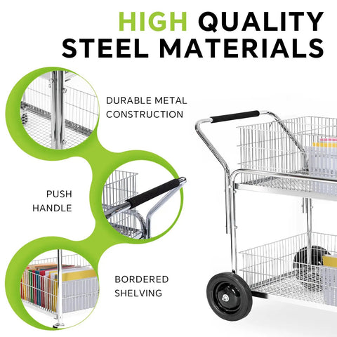 Close-up of the Solid Chrome Plated Rolling Mail Cart with Heavy Duty Smooth Gliding Wheels, showcasing durable metal construction and push handle.