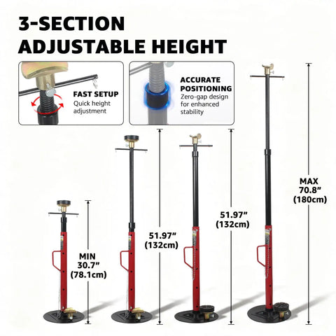 Heavy Duty 1.5 Ton Underhoist Support Stand With Patent Twist Lock Handle For Auto Repair showcasing adjustable height from 30.7" to 70.8".