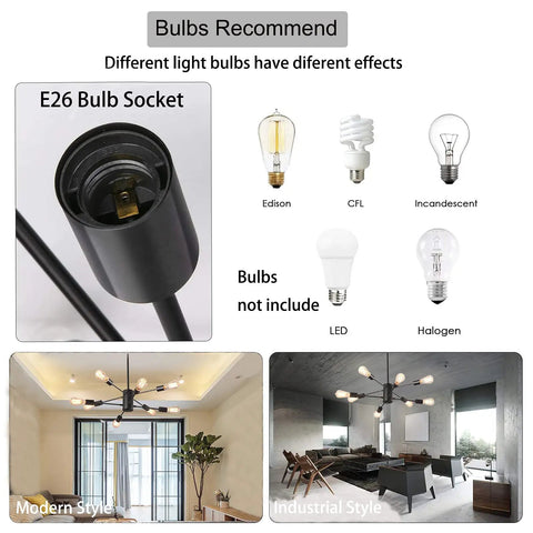 Close-up of E26 bulb socket with various bulbs for 8 Light Dope Modern Industrial Ceiling Chandelier With Adjustable Height Black Finish.